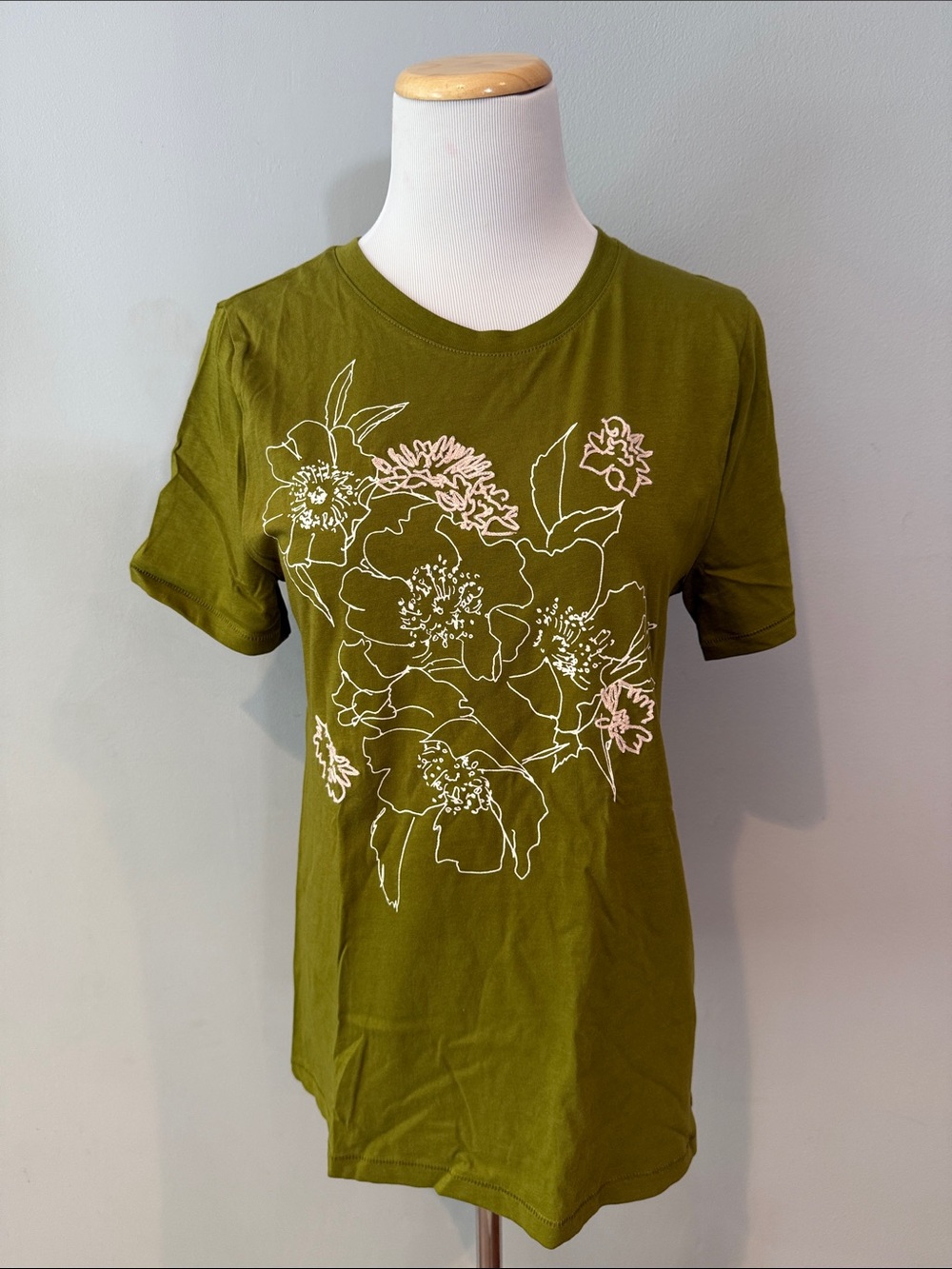 NWT Jcrew Olive Green Floral design Short-Sleeve Tee - Women M
